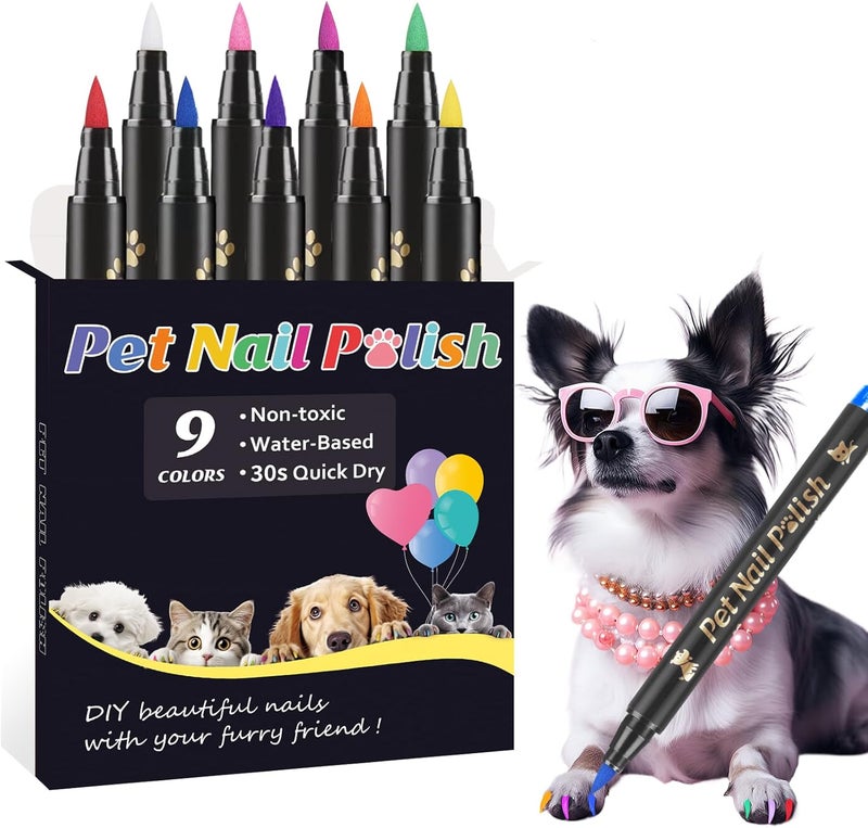 Cherocito Dog Nail Polish Pens Quick Dry,9 Colors Safe Dog Nail Polish Set to DIY Pretty Nails, Ideal Gifts for Dogs Cats Light Dark Nails, Odorless, Non-Toxic, Water-Based Pet Nail Accessories Set - Image 1